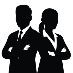 Silhouette of a professional man and woman with arms crossed isolated on white background