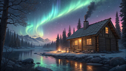 Cozy cabin under aurora borealis northern lights winter landscape scenic nature background image