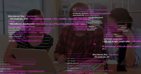 Collaborating three developers writing code on laptops in office meeting room, with code overlay