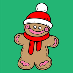 Gingerbread man in Santa Claus hat. Hand drawn color flat vector. Cute cartoon character. Merry Christmas dessert. Winter holiday card. Fun celebration. Illustration doodle line art.