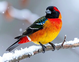 Colorful bird perched on snow-covered branch, detailed feathers, ultra realistic, 8K