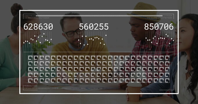 Reviewing four professionals analyzing data at office table with printed reports and data overlay
