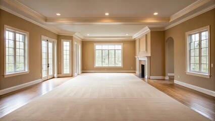 Obraz premium Spacious, empty room with large windows, beige walls, and wooden flooring, perfect for design or real estate concepts.