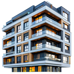 Obraz premium Modern apartment building with illuminated balconies at night, showcasing contemporary architecture. background removed