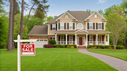 A beautiful suburban home with a well-maintained lawn and a "For Sale" sign in front, surrounded by trees and greenery.