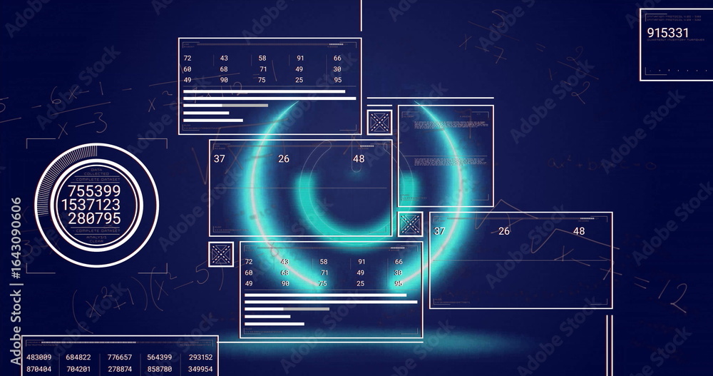 Poster displaying glowing circular ring chart revolving on digital interface, with transparent ui panels