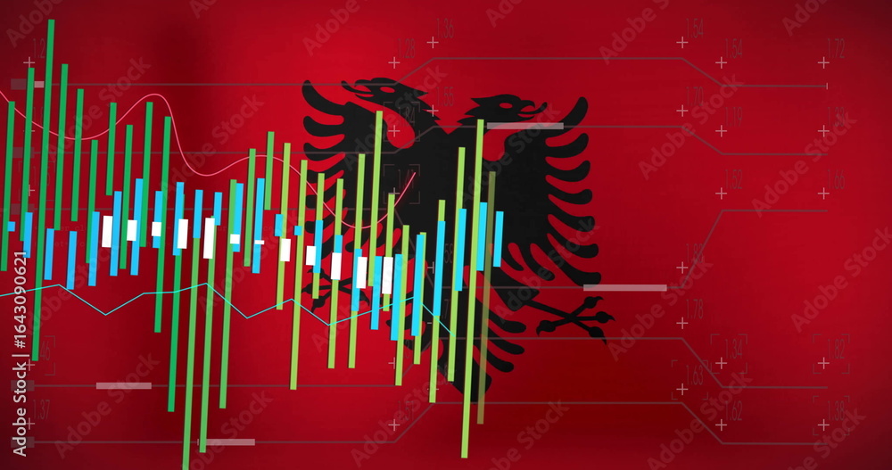 Poster showing eagle emblem on red flag with candlestick bars line graphs plus markers on circuit lines