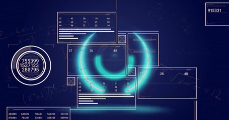 Displaying glowing circular ring chart revolving on digital interface, with transparent UI panels