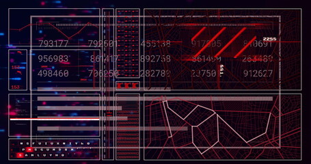 Displaying interface showing bar charts at control room, with line chart and route map grid