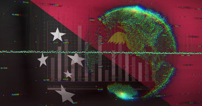 Naklejki Displaying pixelated globe glitching on dashboard with bar chart stars gridlines, copy space