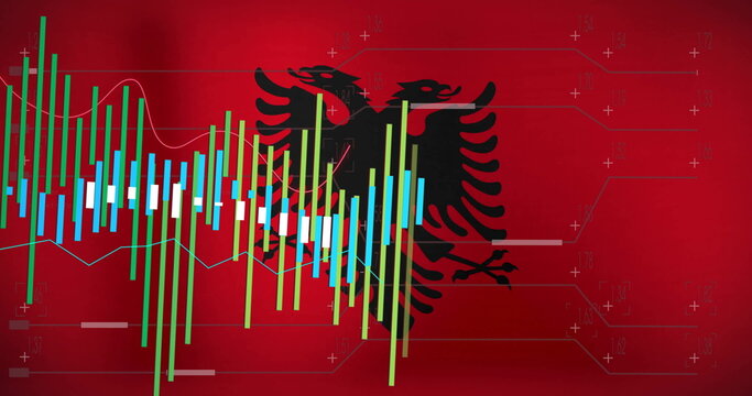 Naklejki Showing eagle emblem on red flag with candlestick bars line graphs plus markers on circuit lines