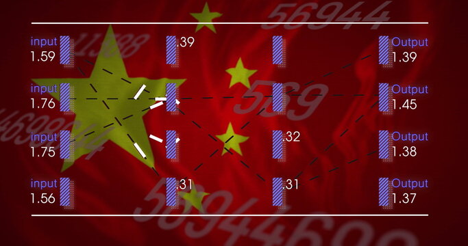 Naklejki Displaying network layers at red flag background, with input or output charts, nodes, arrows, overla