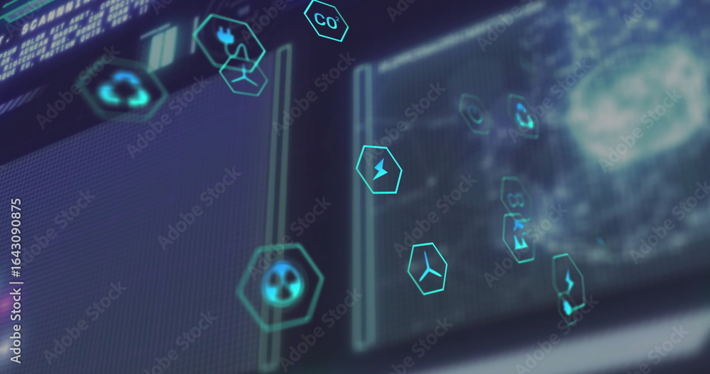 Poster glowing cyan hexagon icons floating across digital control interface, with data panels and globe
