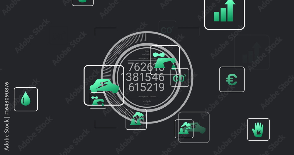 Aufkleber displaying central circular digital gauge and large numeric readouts on dashboard, with green icons