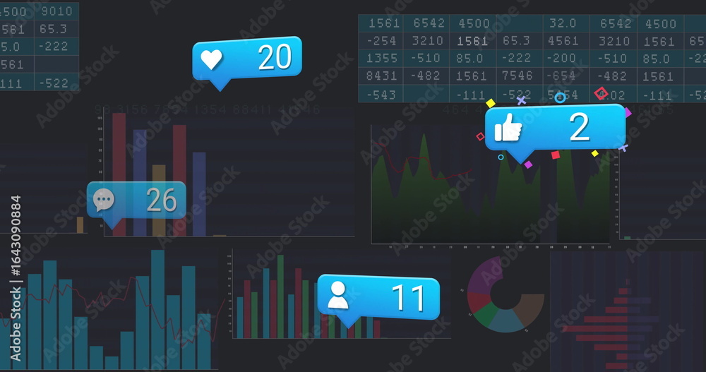 Poster Displaying blue notification bubble showing heart count on data dashboard, with data visualizations