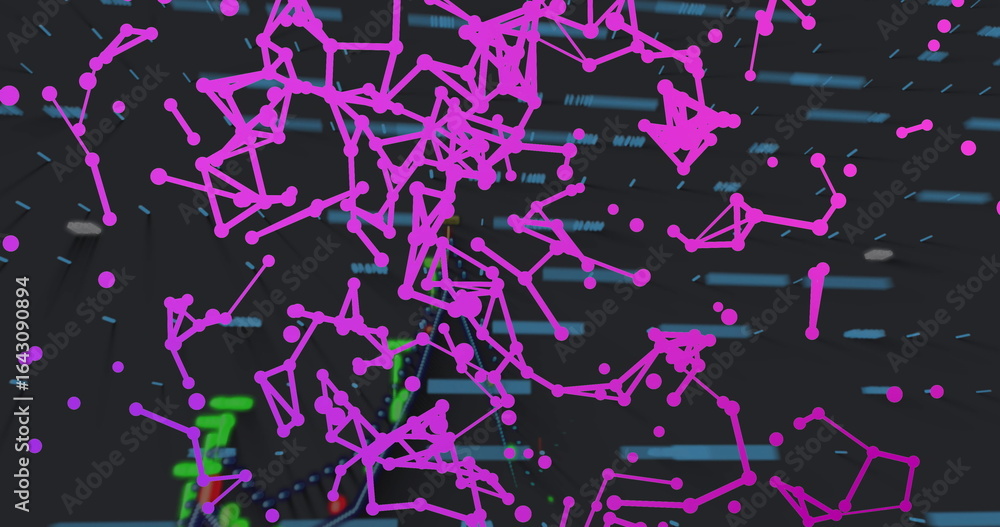 Poster floating weblike magenta nodes linking lines in digital screen, with blue light bars and green bits