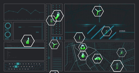 Showcasing operations dashboard interface in control room, with line graph, gauges and hex icons
