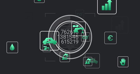 Displaying central circular digital gauge and large numeric readouts on dashboard, with green icons