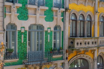 Facade of historical house in Porto, Portugal near Bolhao market