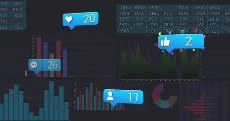 Displaying blue notification bubble showing heart count on data dashboard, with data visualizations