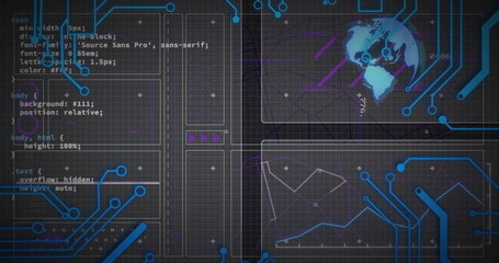 Displaying world map panel glowing with neon data lines on grid background, with CSS code blocks
