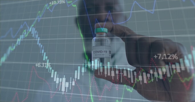 Displaying researcher in lab coat holding COVID-19 Injection vial in lab, with financial graphs