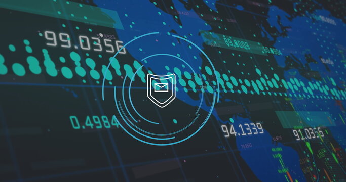 Displaying dashboard overlaying world map, with shield badge envelope icon and numeric streams