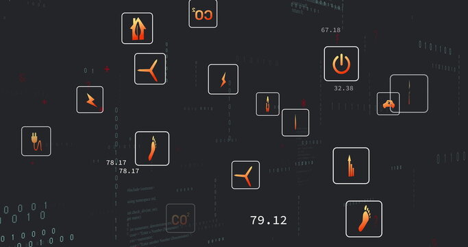 Displaying floating energy icon frames with metrics on virtual dashboard, streaming binary code
