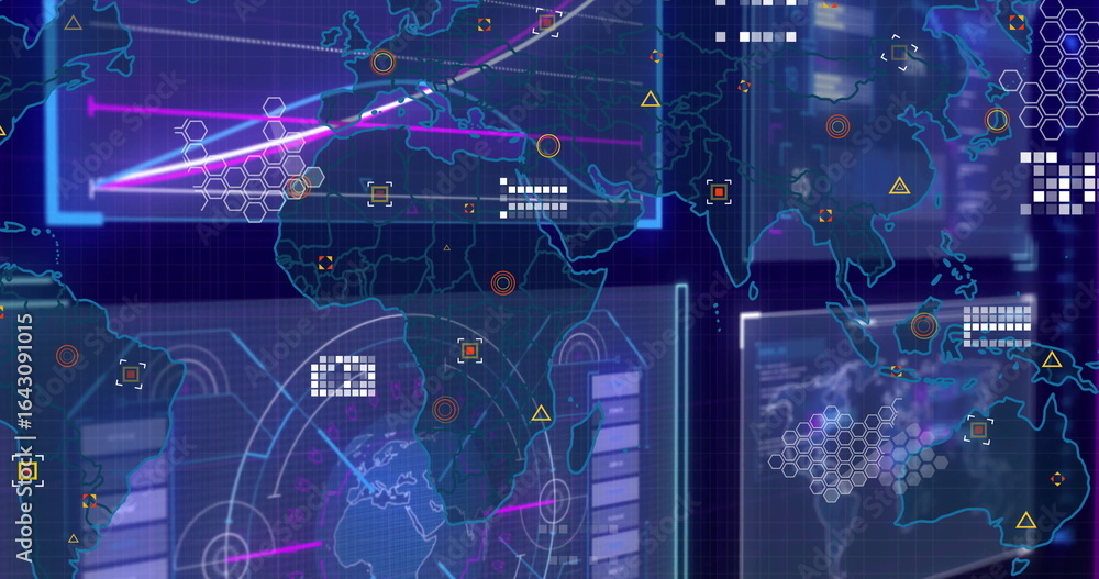Poster displaying dashboard showing map outlines, radar chart and data bars on interface with neon markers