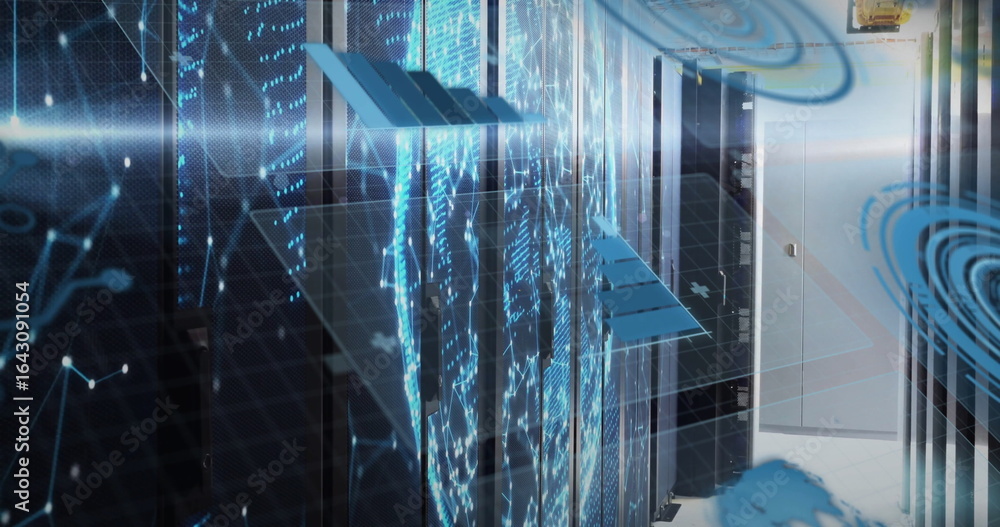 Poster displaying black server racks glowing with leds and holographic world map in tech data center