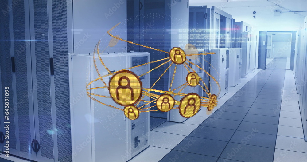Poster hovering holographic network sphere showing user nodes inside server room corridor, with cabinets