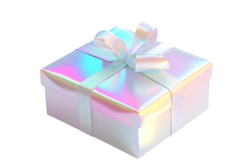 Holographic gift box with pink ribbon isolated on transparent background. White gift box with ribbon holographic Iridescent icon isolated on white background, 3d rendering.