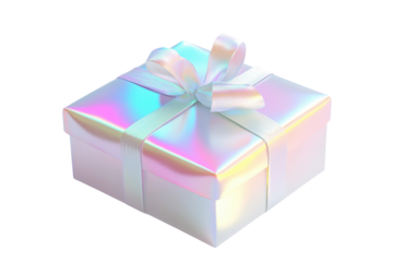 Holographic gift box with pink ribbon isolated on transparent background. White gift box with ribbon holographic Iridescent icon isolated on white background, 3d rendering.