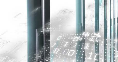 Displaying vertical translucent panels in digital scene, with floating binary digits and dot grids