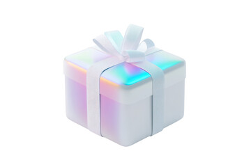 Holographic gift box with pink ribbon isolated on transparent background. White gift box with ribbon holographic Iridescent icon isolated on white background, 3d rendering.