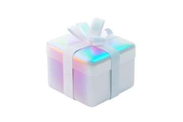 Holographic gift box with pink ribbon isolated on transparent background. White gift box with ribbon holographic Iridescent icon isolated on white background, 3d rendering.