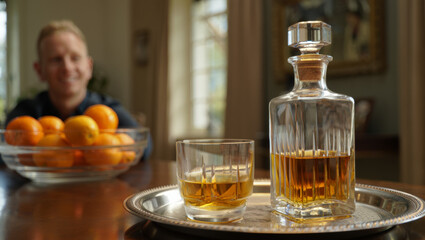 A man in jeans holds a bright orange chainsaw, standing in a lush green forest. Sunlight filters through the trees as he prepares for work among tall grass and foliage.