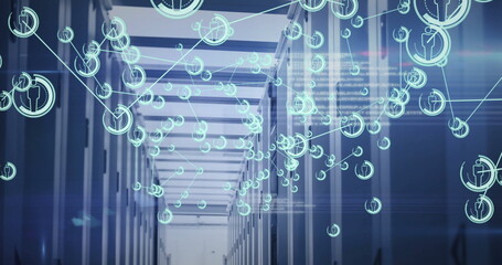Displaying data center corridor, with blinking server rack LEDs and turquoise network node overlay
