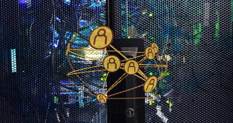 Displaying network node overlay connecting server rack cables in data center, showing status LEDs