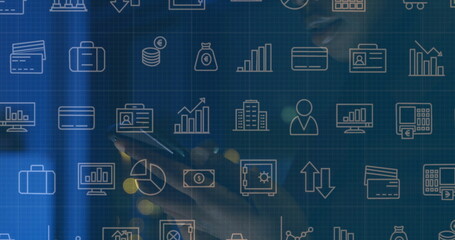 Woman's hands tapping smartphone screen on digital finance dashboard, with line-art finance icons