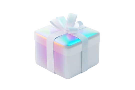 Holographic gift box with pink ribbon isolated on transparent background. White gift box with ribbon holographic Iridescent icon isolated on white background, 3d rendering.