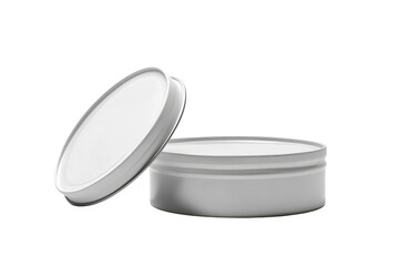 Open metal cosmetic jar with lid isolated on transparent background. White open tin can isolated on white background.