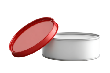 Open white tin can with red lid isolated on transparent background. White open tin can isolated on white background.