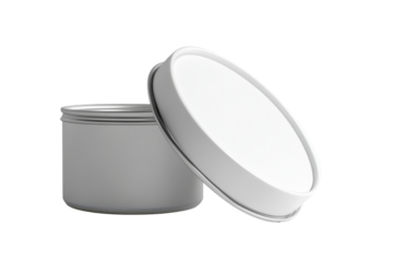 Open metal cosmetic jar with lid isolated on transparent background. White open tin can isolated on white background.