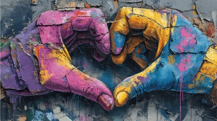 Colorful hands forming a heart shape on a weathered wall