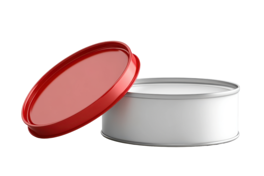 Open white tin can with red lid isolated on transparent background. White open tin can isolated on white background.