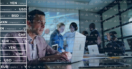 Typing mid man in blazer on laptop at office, with currency overlays, whiteboard map, copy space