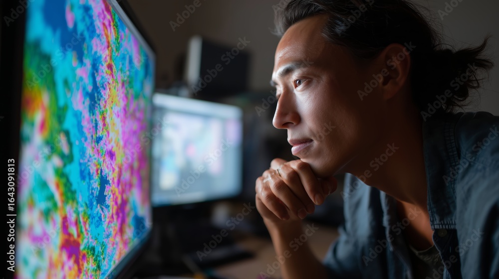 Poster man focused on colorful data visualization on computer screen in a dimly lit workspace during evenin