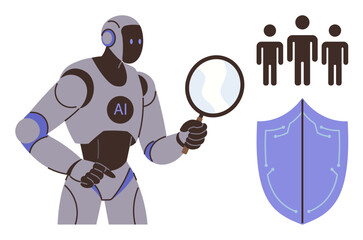 AI robot examines details with a magnifying glass, shield design indicates cybersecurity, and three people represent collaboration. Ideal for technology, data analysis, artificial intelligence