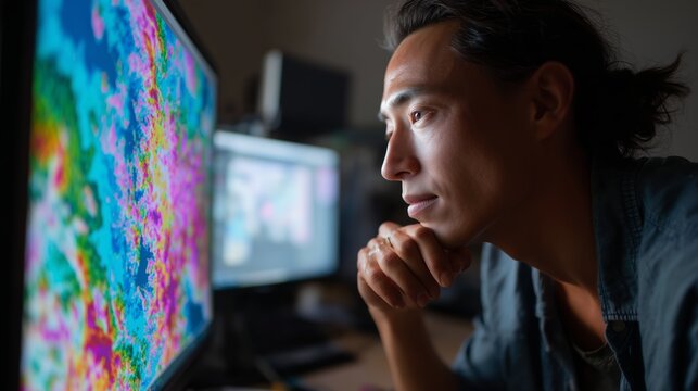 Man focused on colorful data visualization on computer screen in a dimly lit workspace during evening hours
